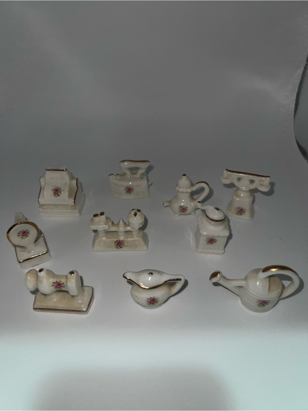 Porcelain Miniature Tea Set with Pink Rose Accents